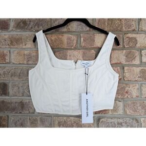 Another Girl Corset Top White L Organic‎ Denim Zipper Front Cutout Detail NEW